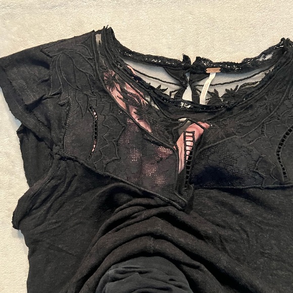 2/$8 Free People Black Mesh Yoke Lace Crop Top w/ Flutter Sleeve, Raw Hem Detail - Picture 2 of 5